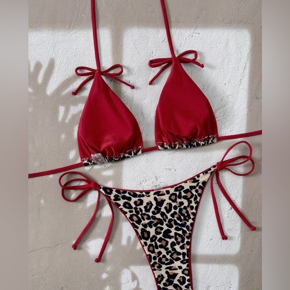 Leopard Print Halter Red Bows Side Tie Bikini Set - Picture 4 of 8